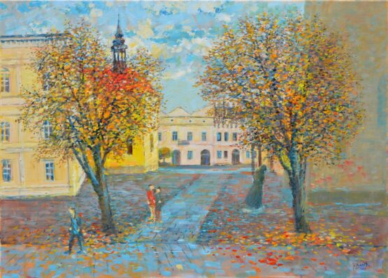 Ján-Bartko-–-Medzi-kostolmi-Jeseň-olejomaľba-na-plátne-presovsky-umelec