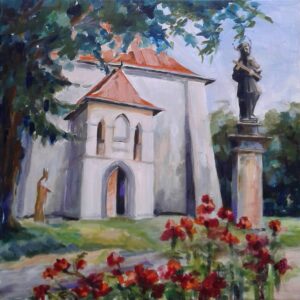 Margita-Rešovská-–-Pred-kostolom-v-Stropkove-akryl-plátno-umenie-na-predaj