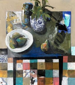 Jonsy-Gall-Zatisie-s-hruskami-akryl-a-kolaz-na-platne-sucasna-malba