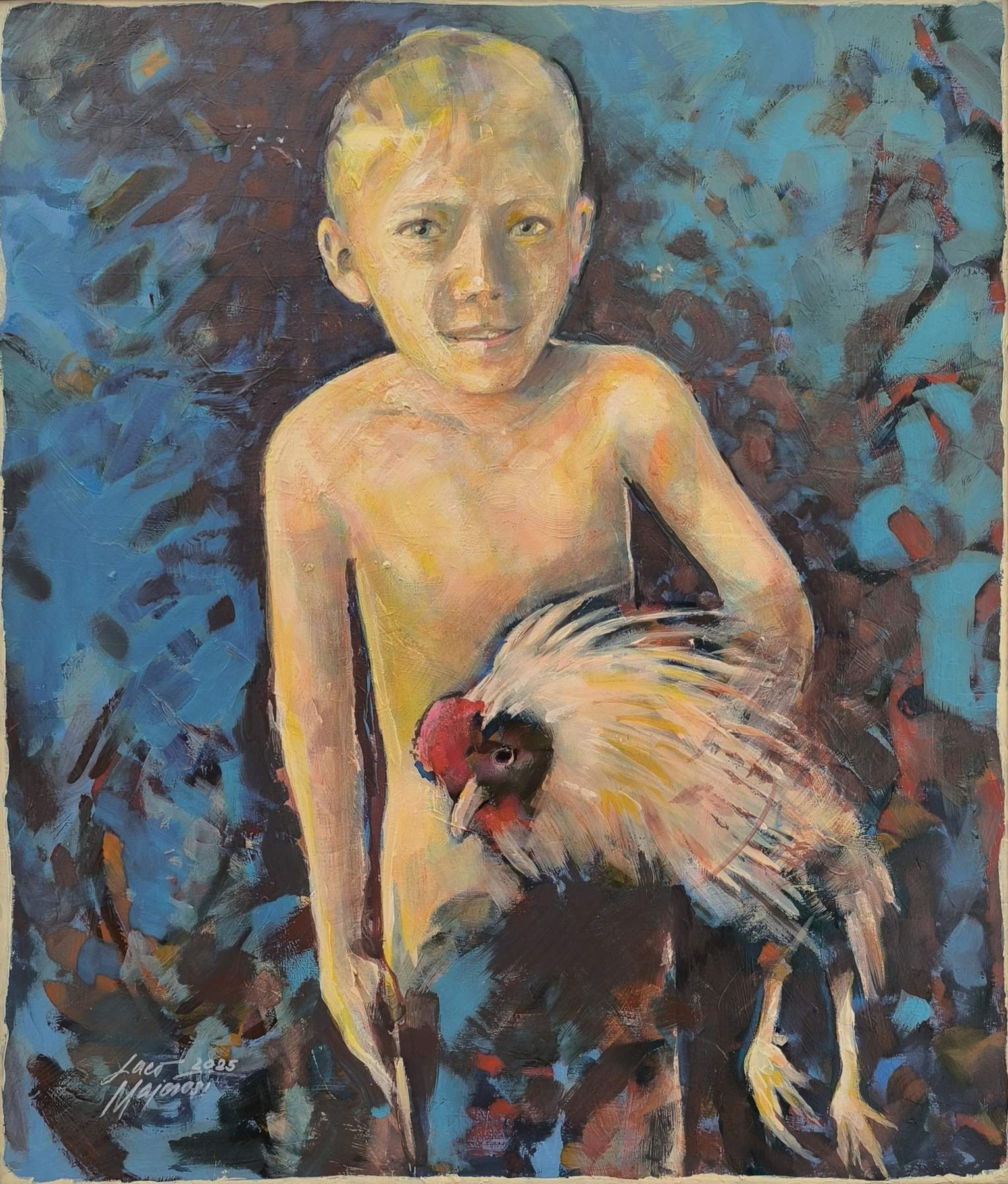 Ladislav-Majorosi-Chlapec-s-kohutom-akryl-na-sololite-figuralna-malba